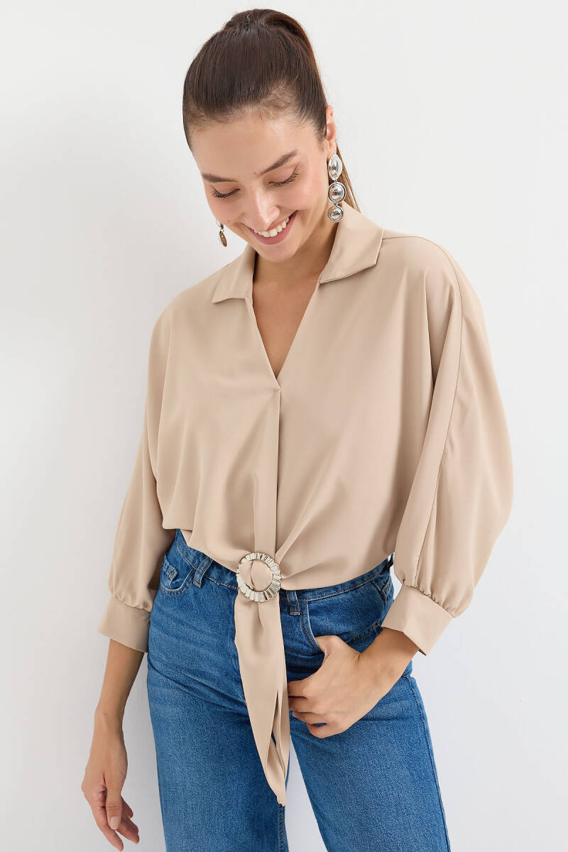 905 Oversize Dökümlü Bluz - Bej - BİGDART