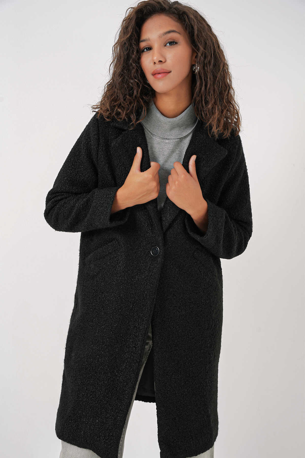 9082 Oversize Kaşe Kaban - Siyah - 3