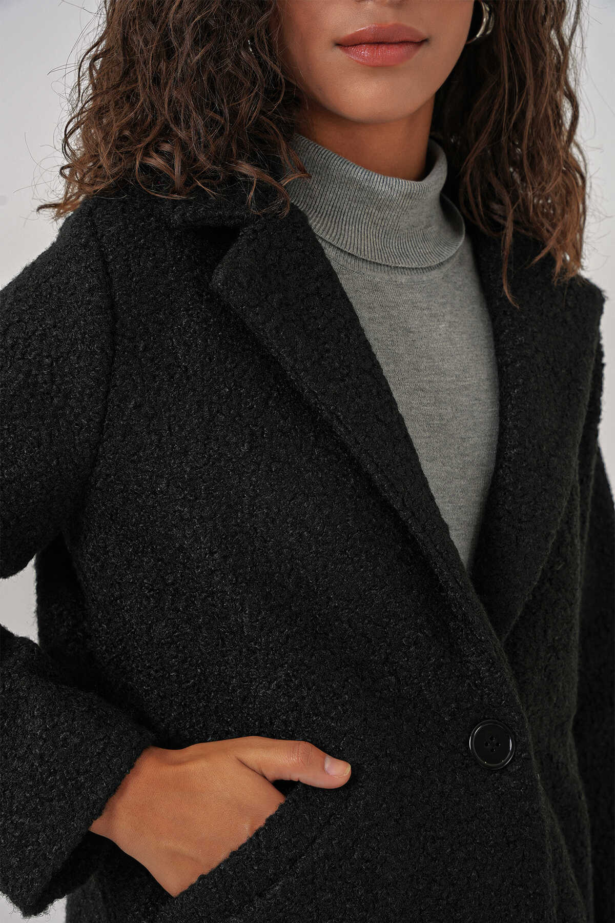 9082 Oversize Kaşe Kaban - Siyah - 5