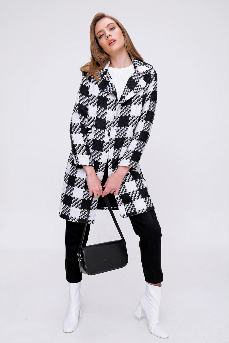 9083 Oversize Kaşe Kaban - Siyah - Beyaz - BİGDART