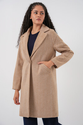 9085 Balık Sırtı Kaşe Kaban - Camel - 3