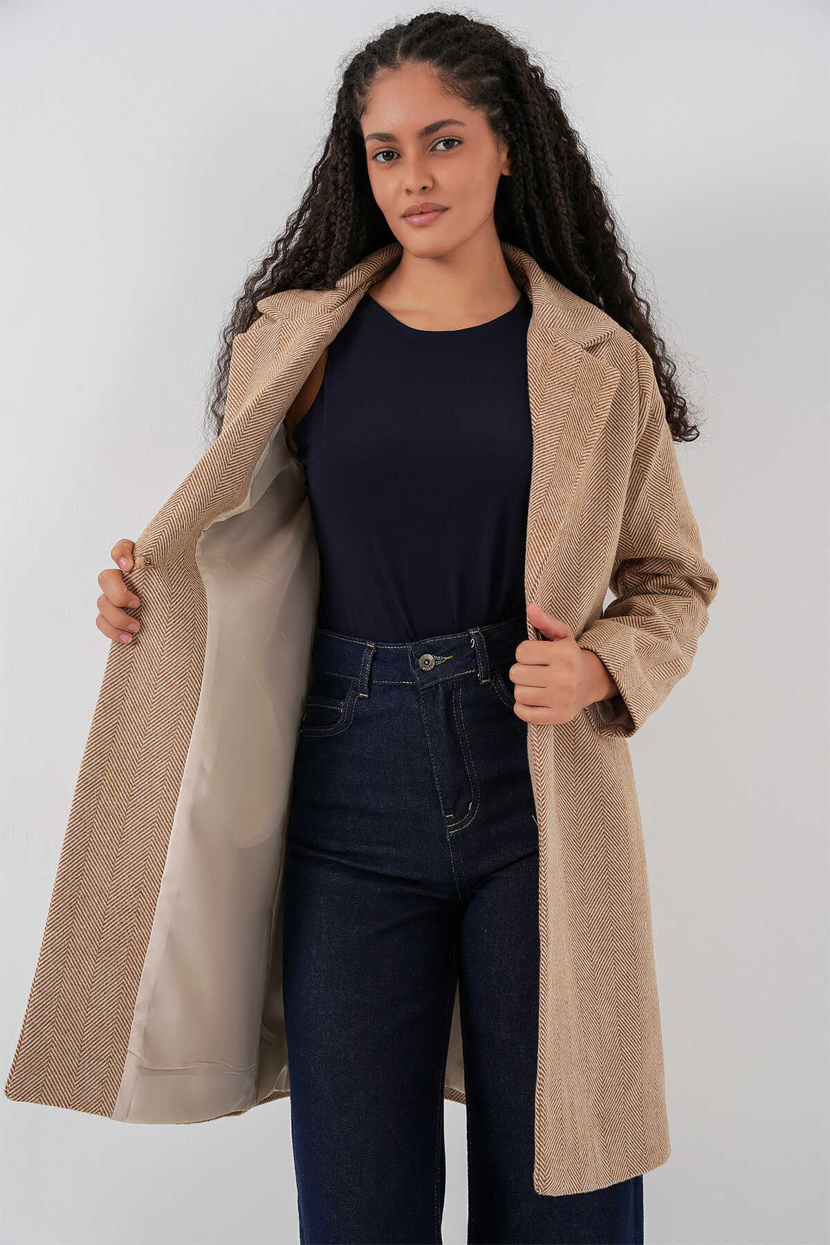 9085 Balık Sırtı Kaşe Kaban - Camel - 4