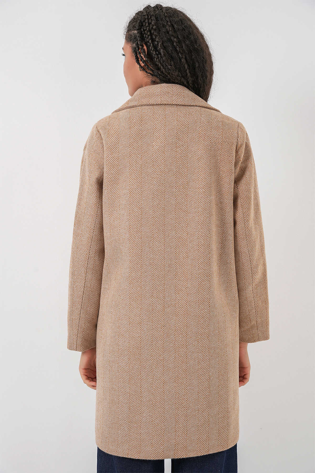 9085 Balık Sırtı Kaşe Kaban - Camel - 6
