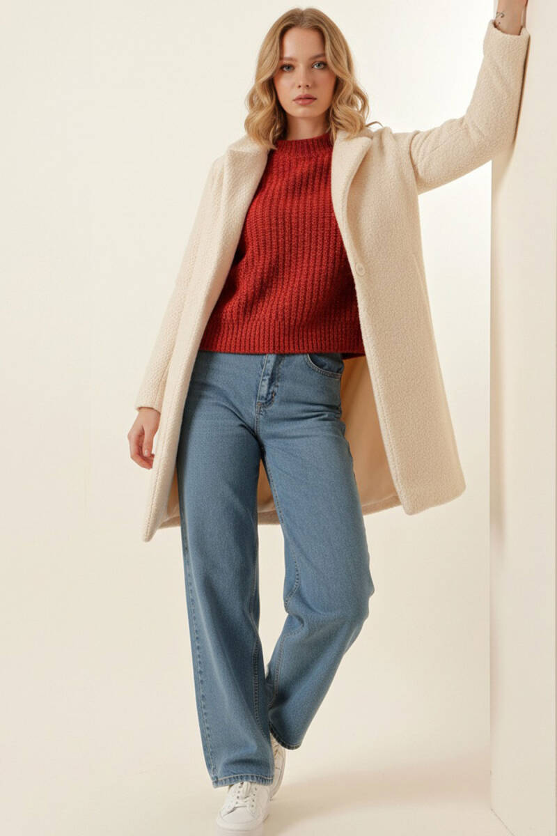 9085 Kadın Oversize Kaşe Kaban - M. Krem - BİGDART