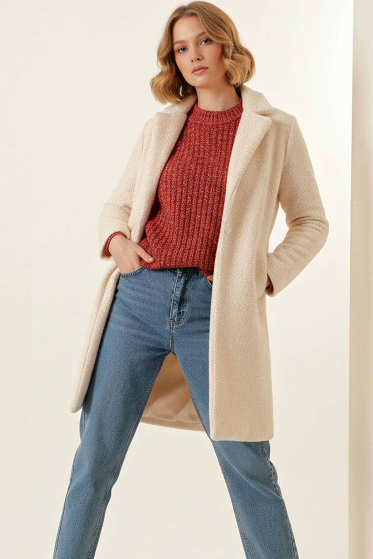 9085 Kadın Oversize Kaşe Kaban - M. Krem - 2