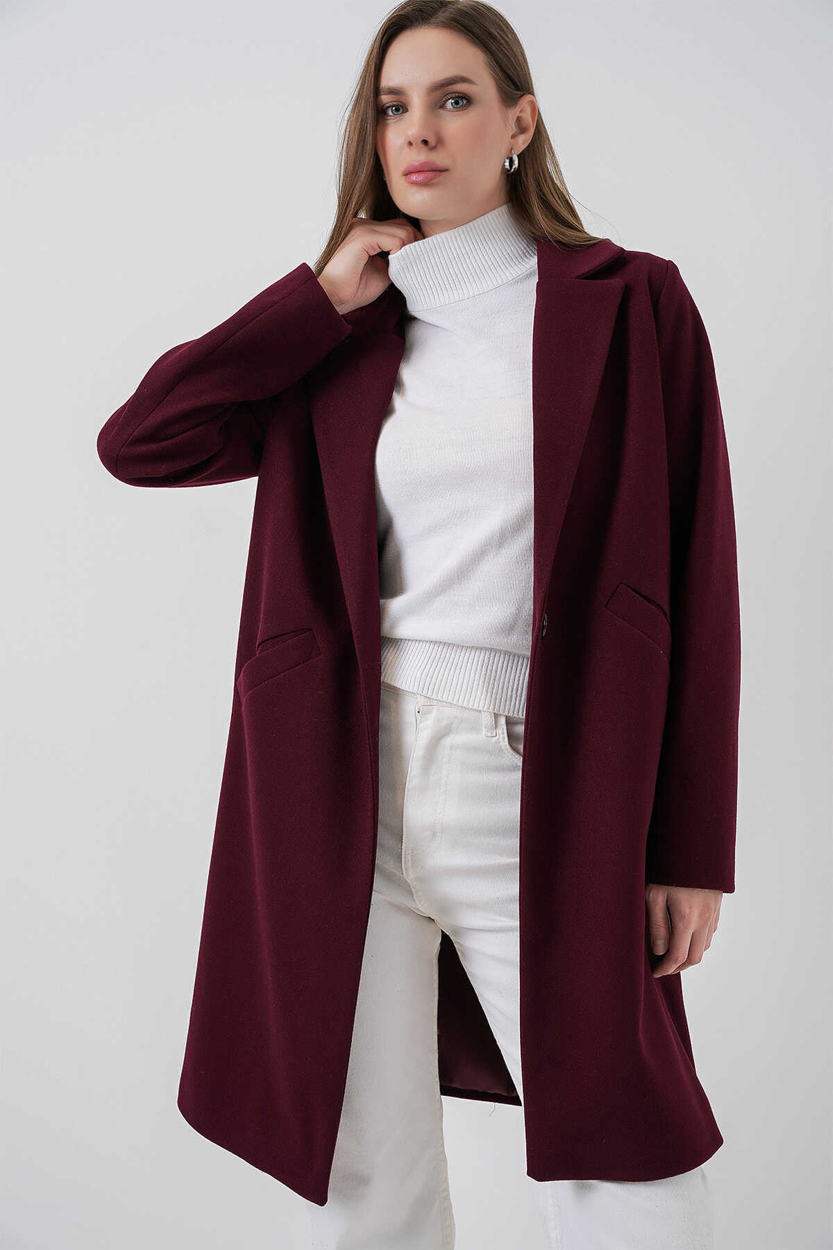 9085 Kaşe Kaban - Bordo - 3