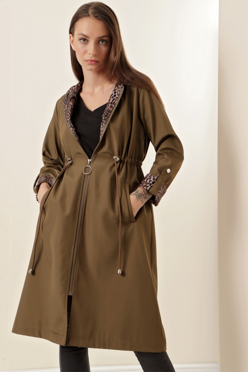 9091 Beli Büzgülü Kapşonlu Trençkot - A.Haki - BİGDART