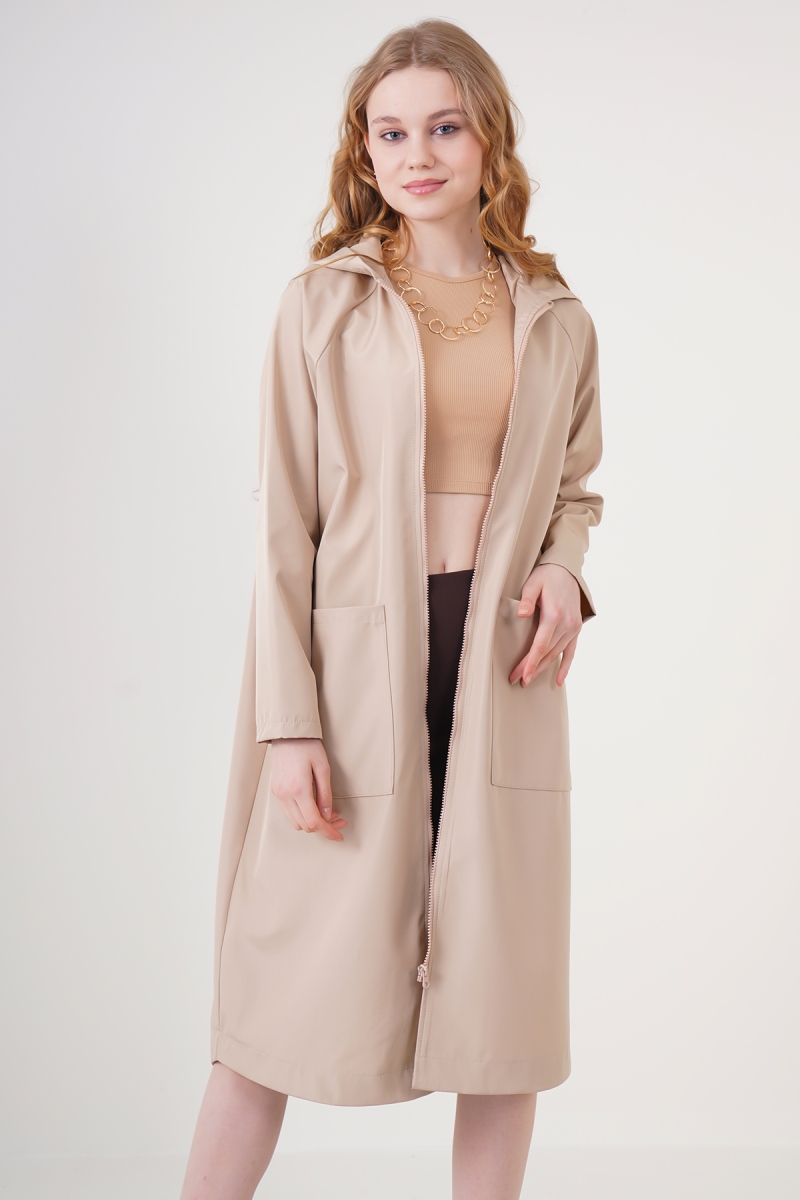 9093 Kapşonlu Trençkot - Bej - BİGDART
