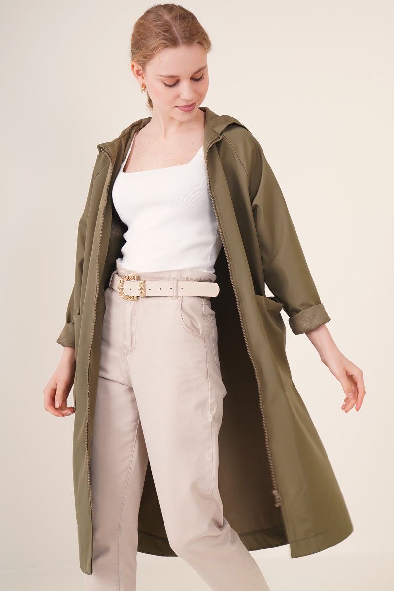 9093 Kapşonlu Trençkot - Haki - BİGDART