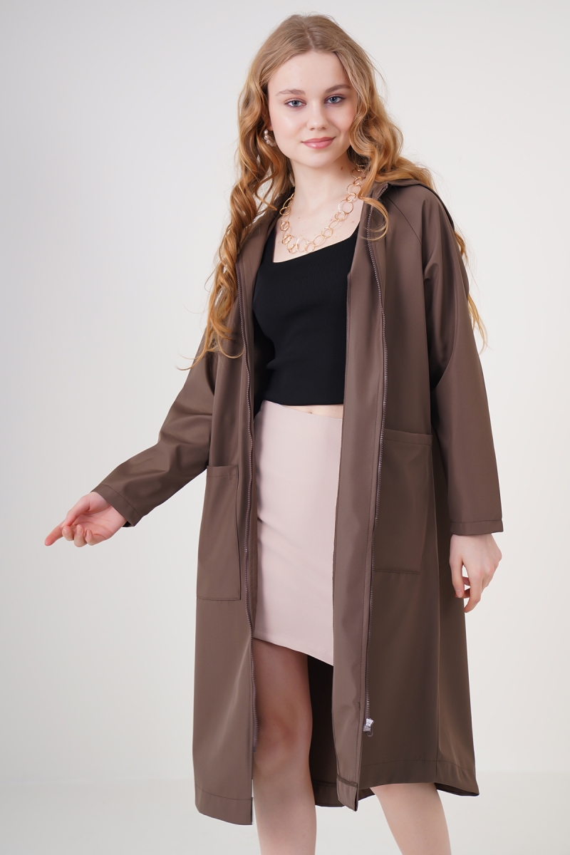 9093 Kapşonlu Trençkot - Kahverengi - BİGDART