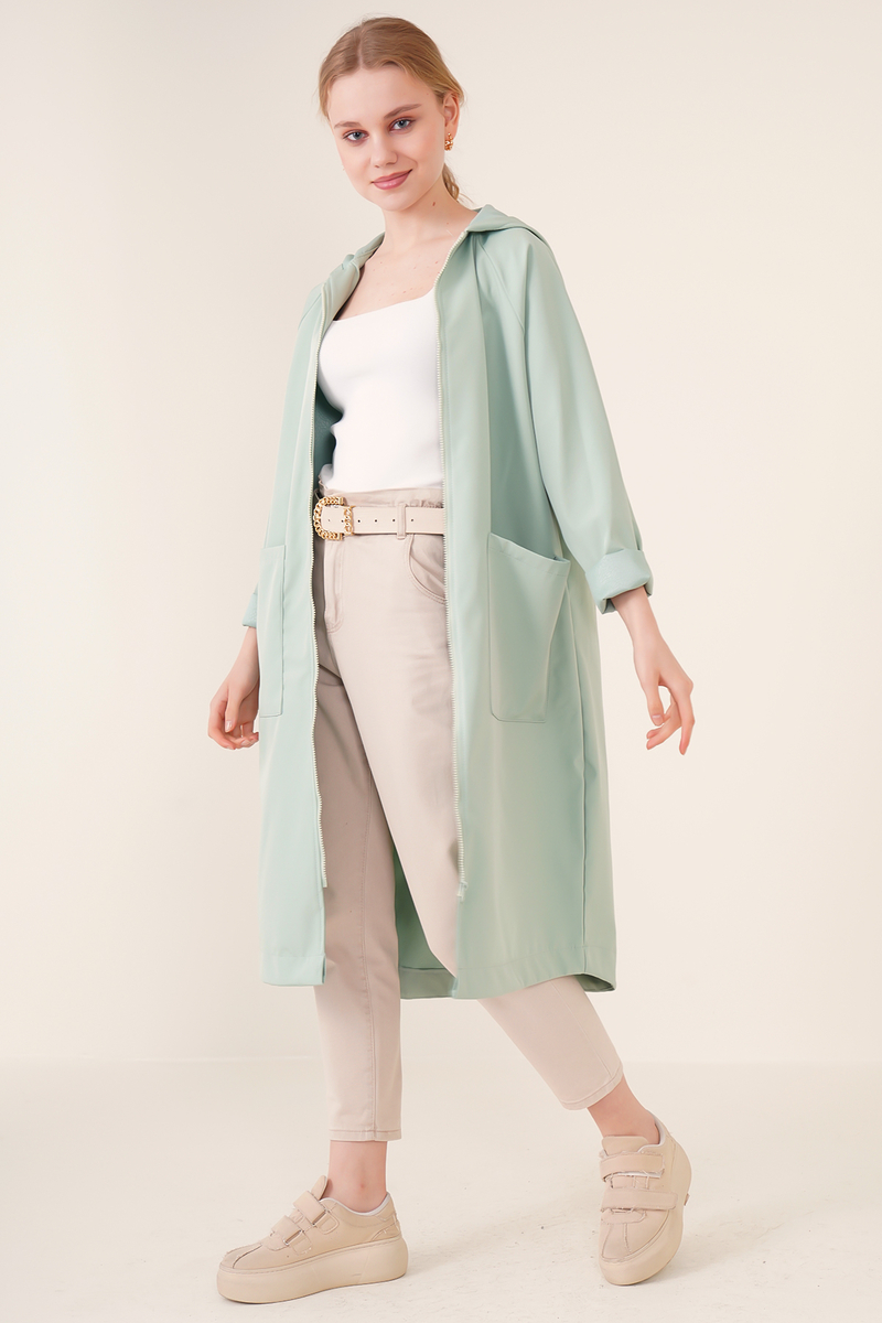 9093 Kapşonlu Trençkot - Mint - BİGDART