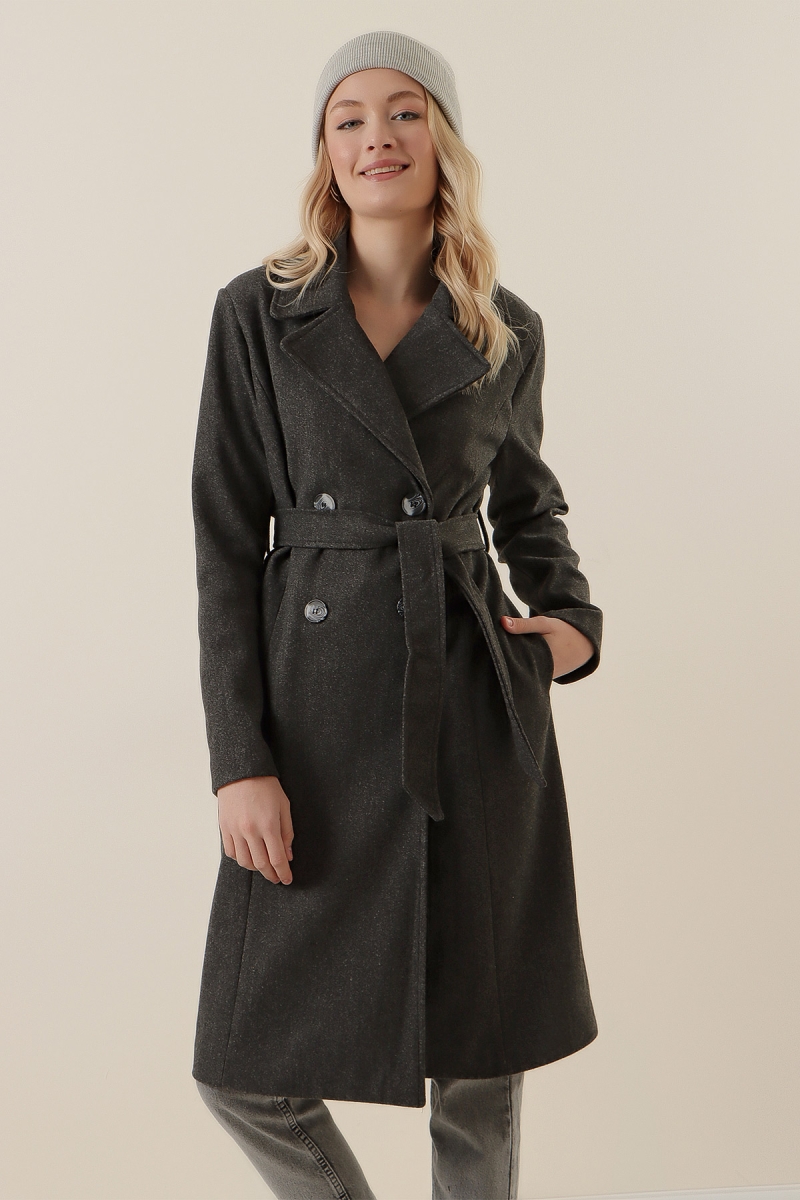 9095 Kruvaze Yaka Kaşe Kaban - Füme - BİGDART