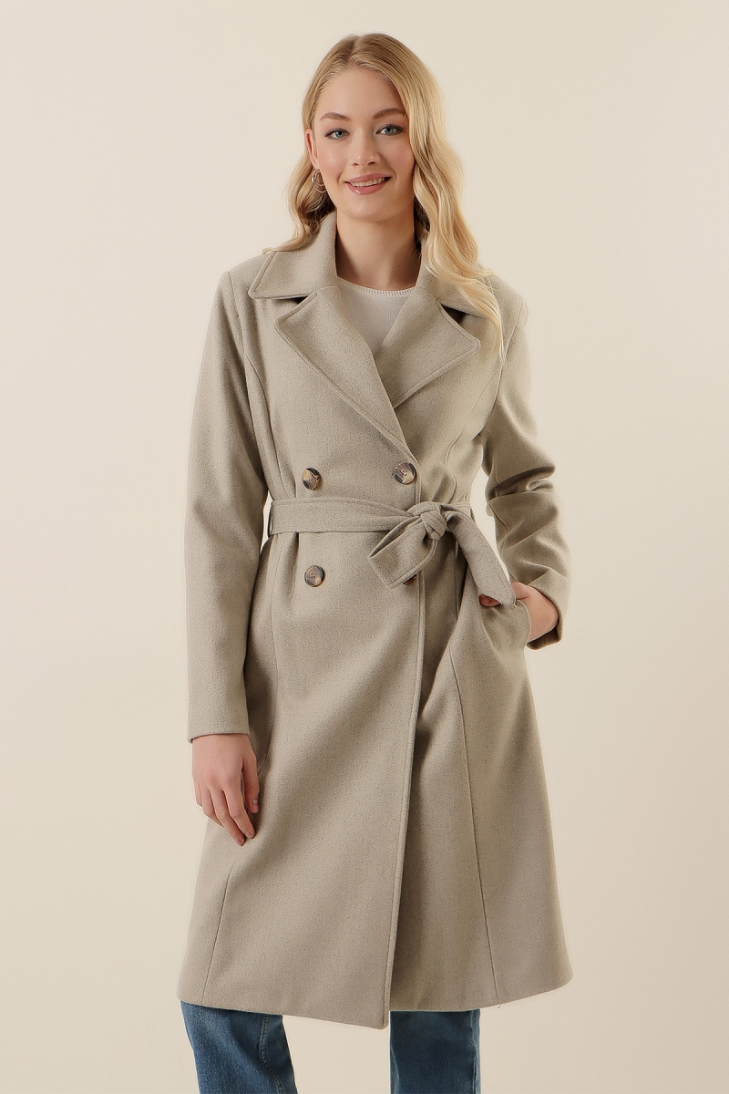 9095 Kruvaze Yaka Kaşe Kaban - Gri - BİGDART