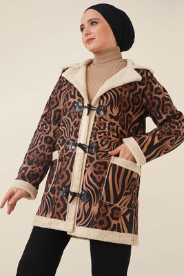 9098 İçi Suni Kürklü Desenli Kaban - Kahverengi - BİGDART