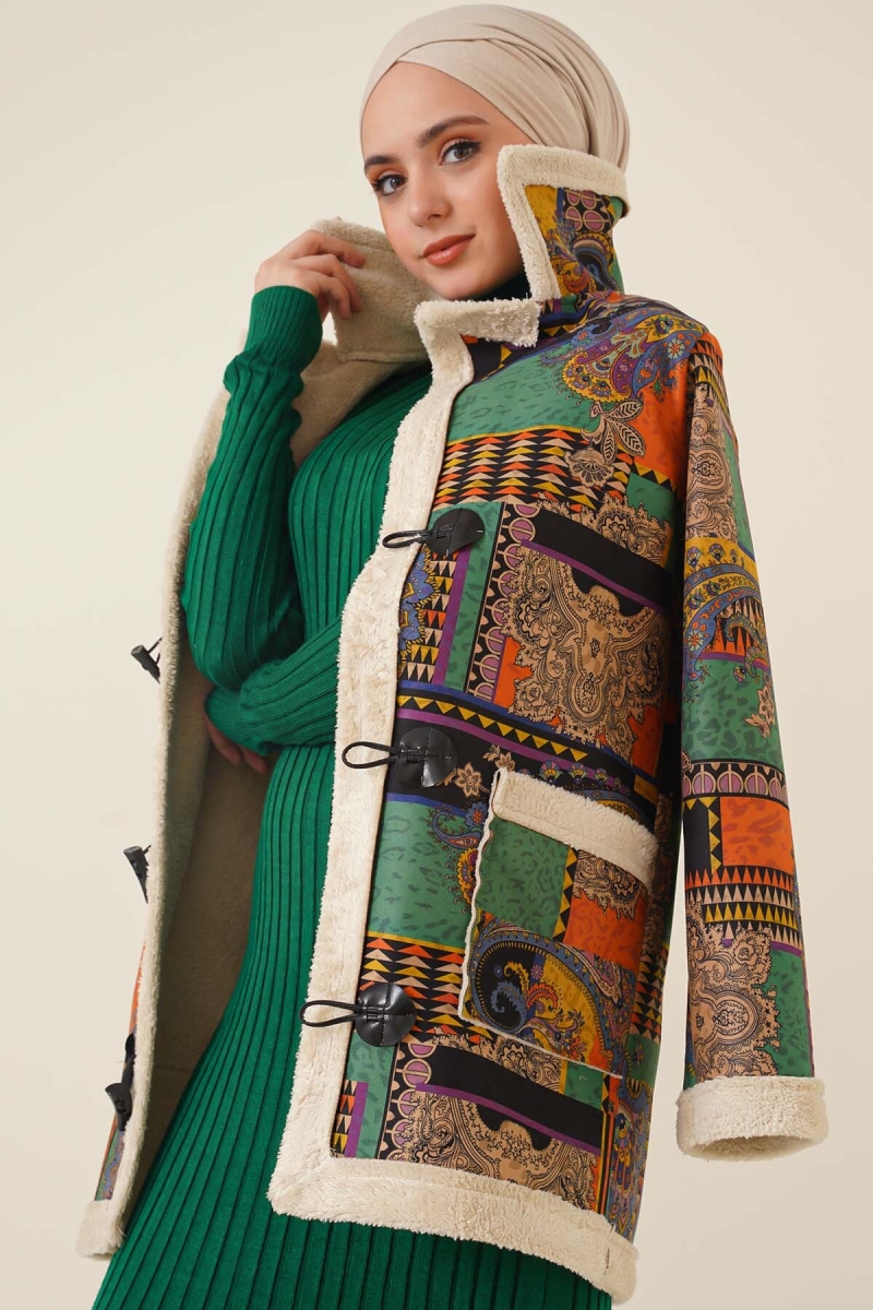 9098 İçi Suni Kürklü Desenli Kaban - Yeşil - BİGDART