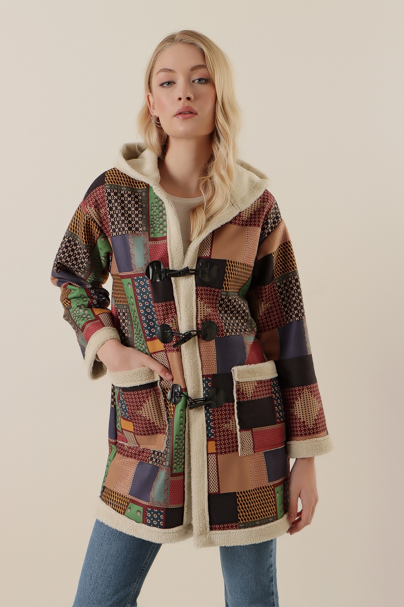 9099 Desenli Kapüşonlu Kaban - Yeşil - BİGDART