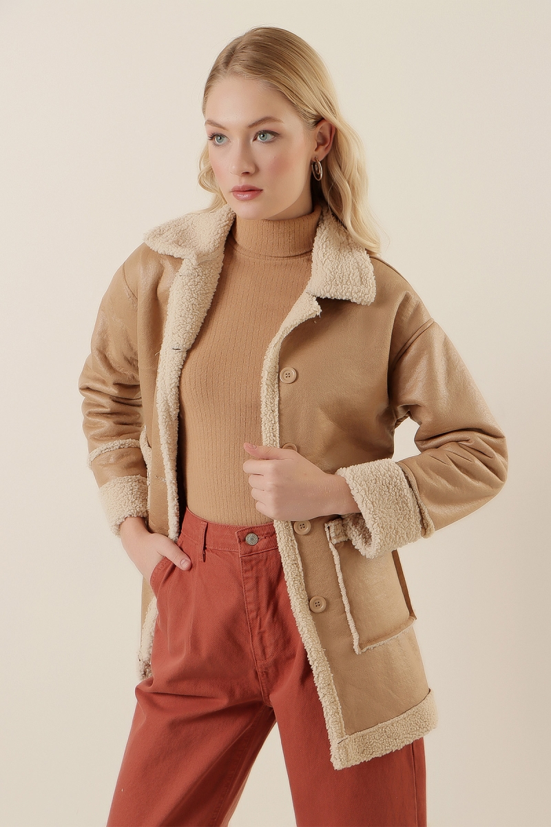 9100 Suni Kürklü Deri Mont - Bej - BİGDART