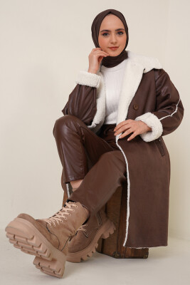 9102 Oversize Kapüşonlu Peluş Mont - Kahverengi - BİGDART