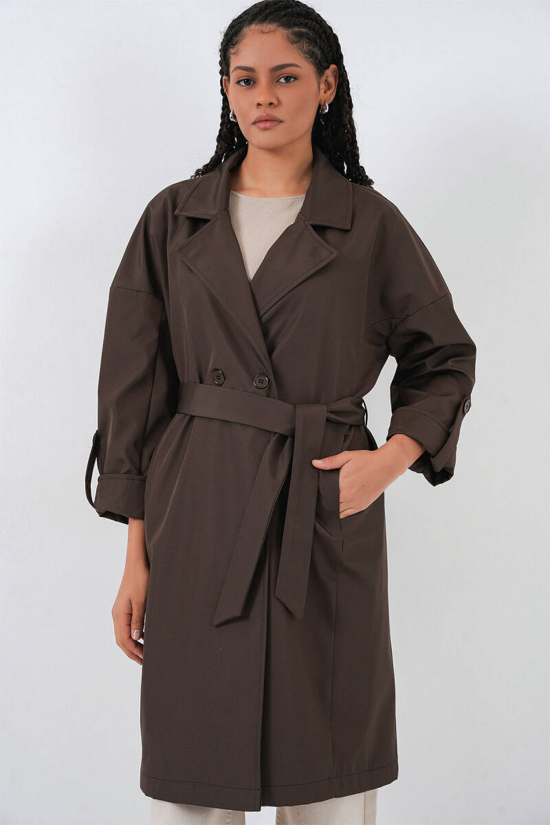 9104 Kruvaze Yaka Astarlı Trençkot - A.Kahve - BİGDART