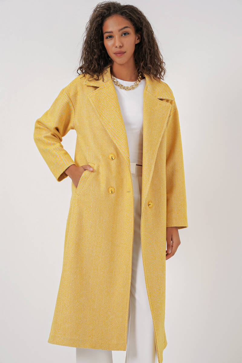 9113 Oversize Geniş Kesim Yünlü Uzun Kaşe Kaban - Sarı - BİGDART