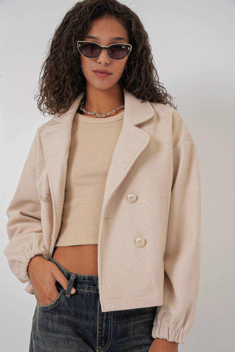 9117 Kruvaze Yaka Crop Ceket - Bej - BİGDART