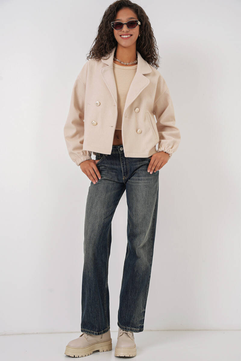 9117 Kruvaze Yaka Crop Ceket - Bej (1)