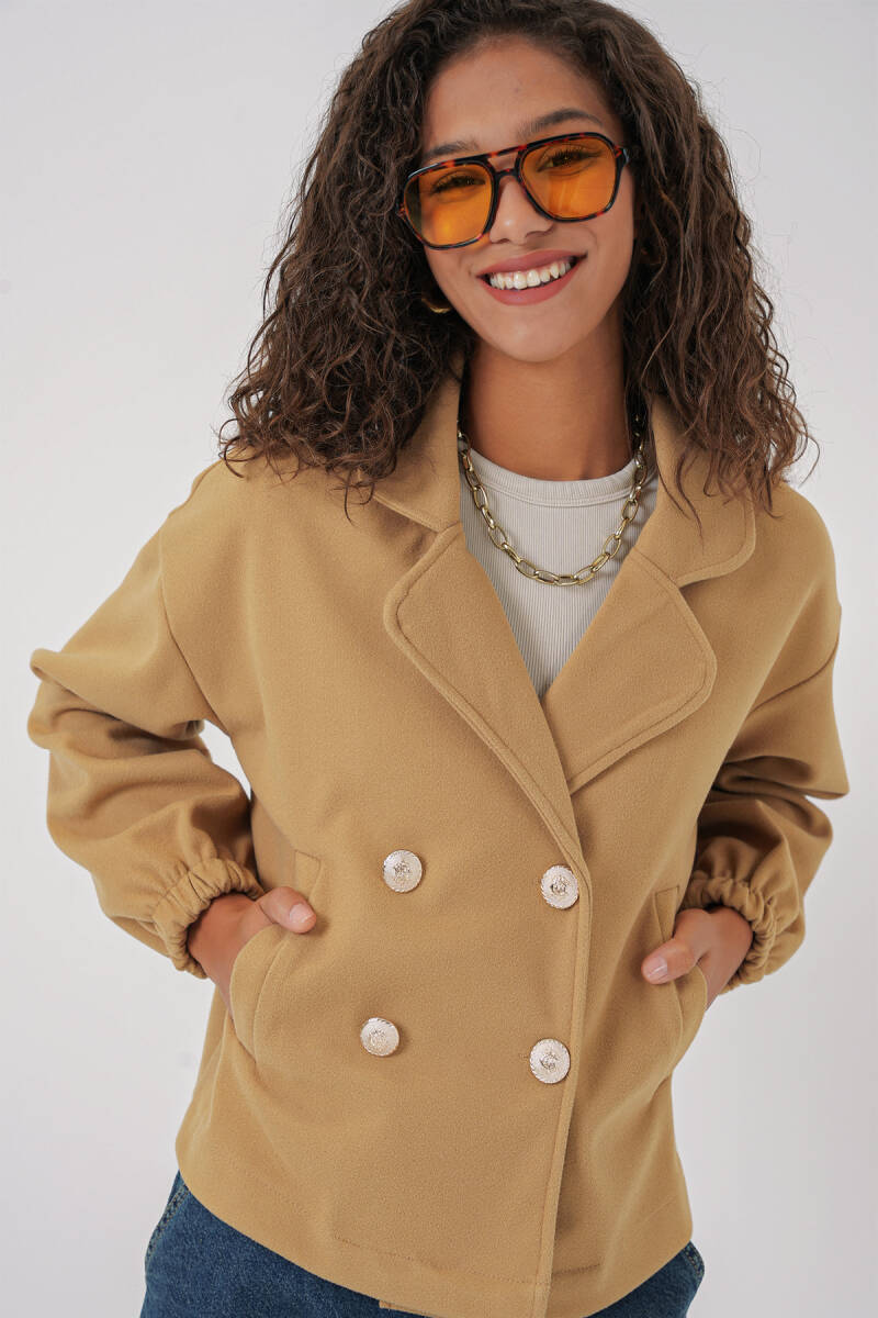 9117 Kruvaze Yaka Crop Ceket - Hardal - BİGDART