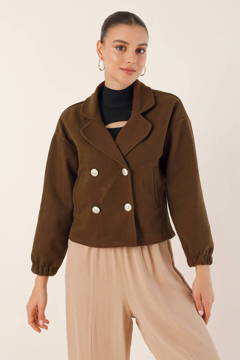 9117 Kruvaze Yaka Crop Ceket - Kahverengi - BİGDART