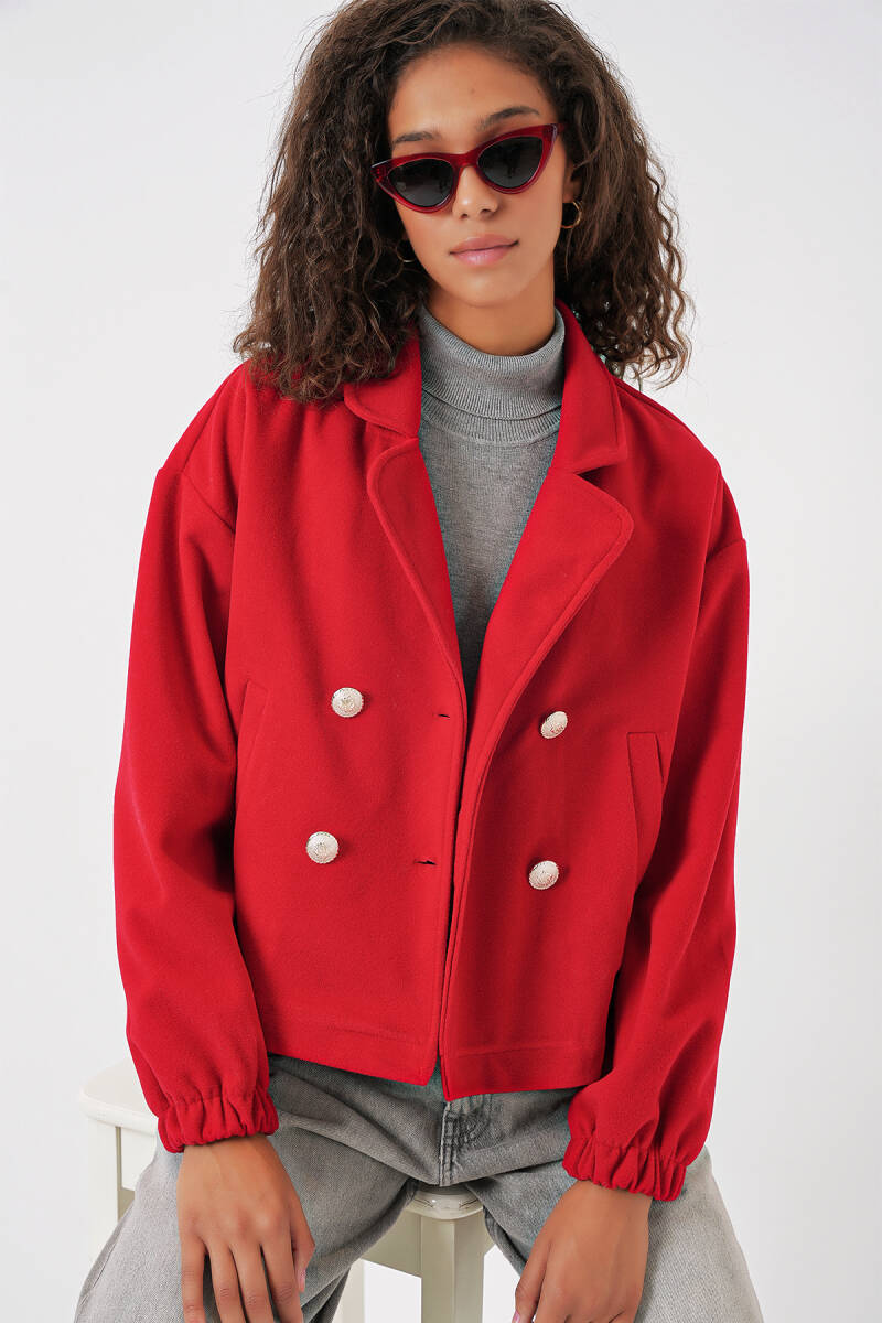 9117 Kruvaze Yaka Crop Ceket - Kırmızı - BİGDART