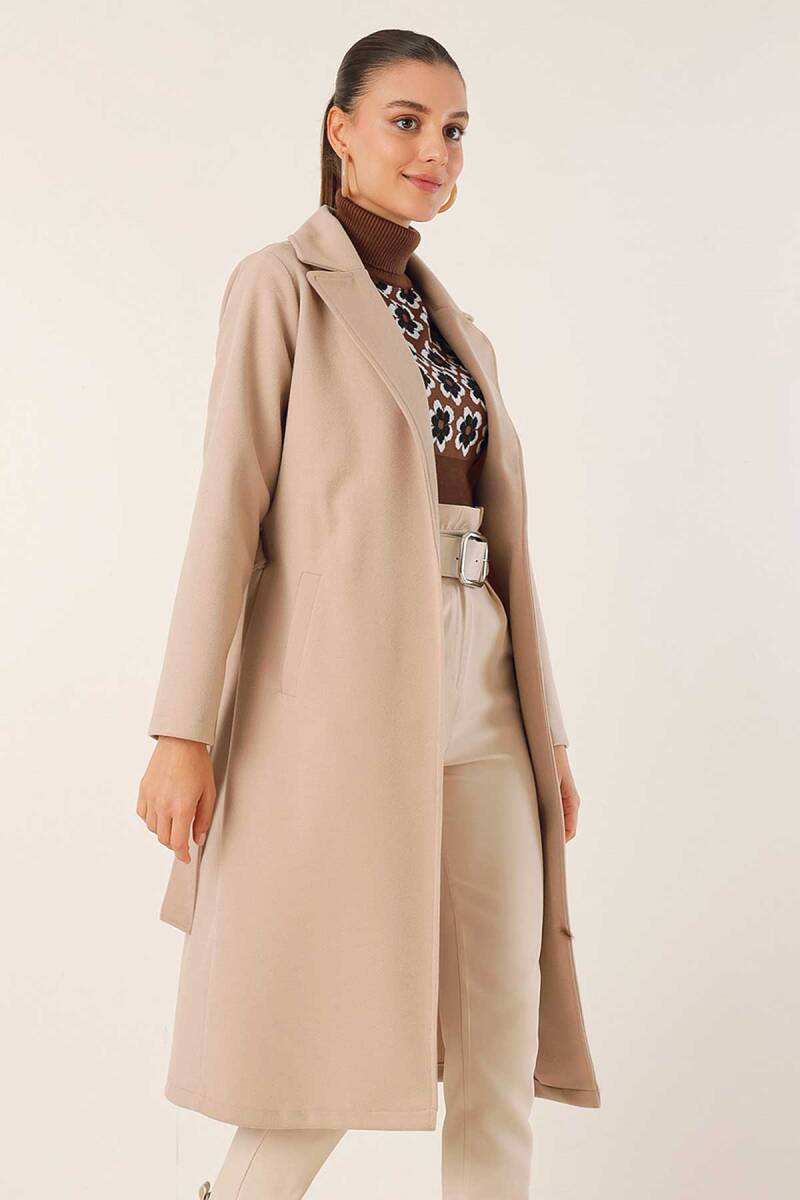 9118 Kruvaze Yaka Kaşe Kaban - Bej - BİGDART