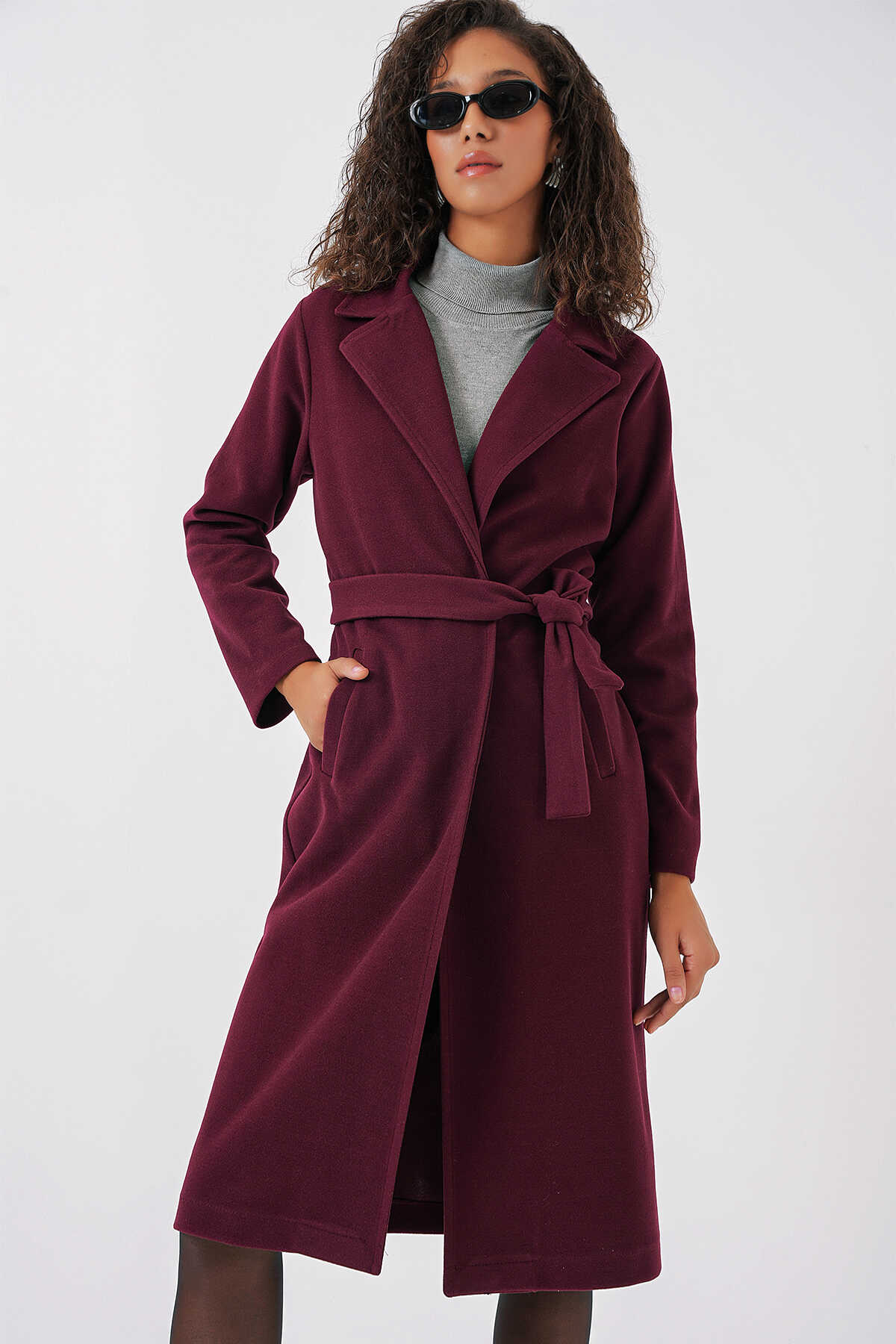 9118 Kruvaze Yaka Kaşe Kaban - Bordo - 1