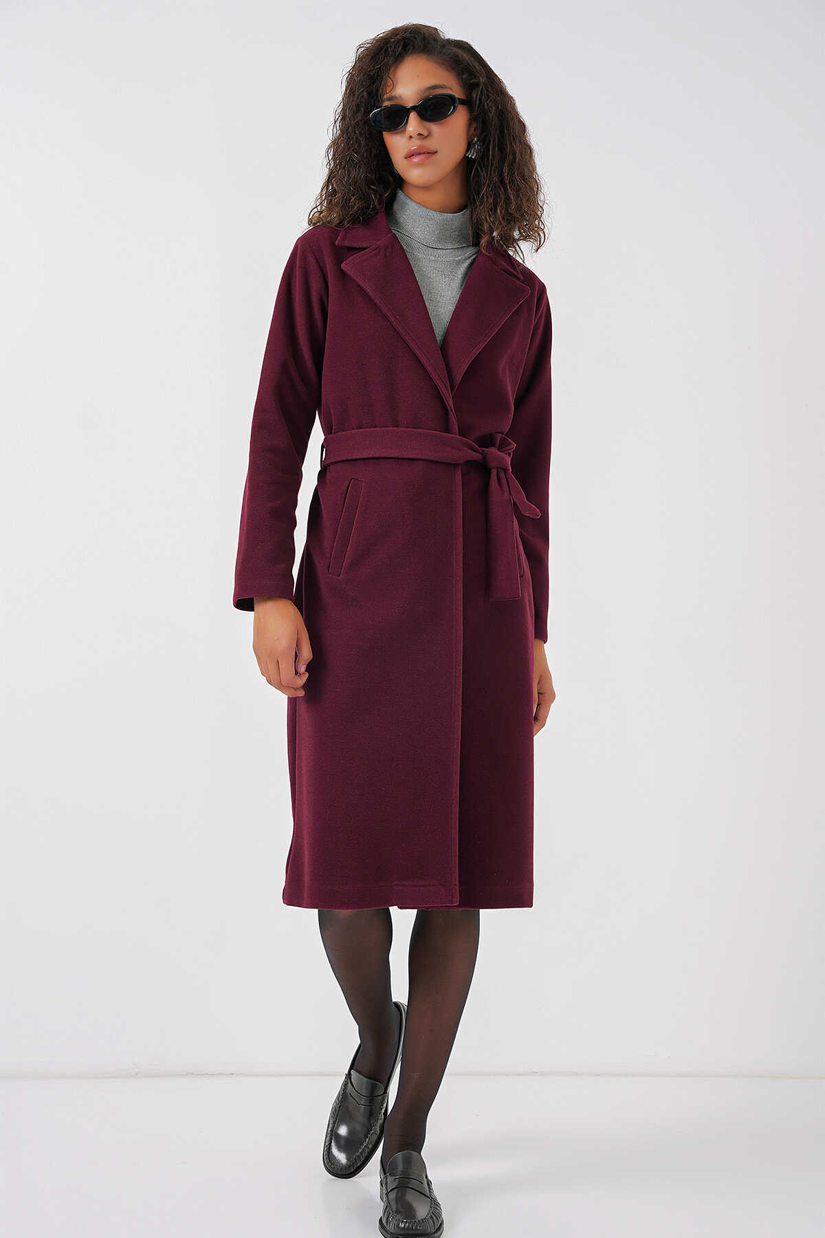 9118 Kruvaze Yaka Kaşe Kaban - Bordo - 2