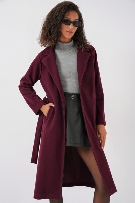 9118 Kruvaze Yaka Kaşe Kaban - Bordo - 3