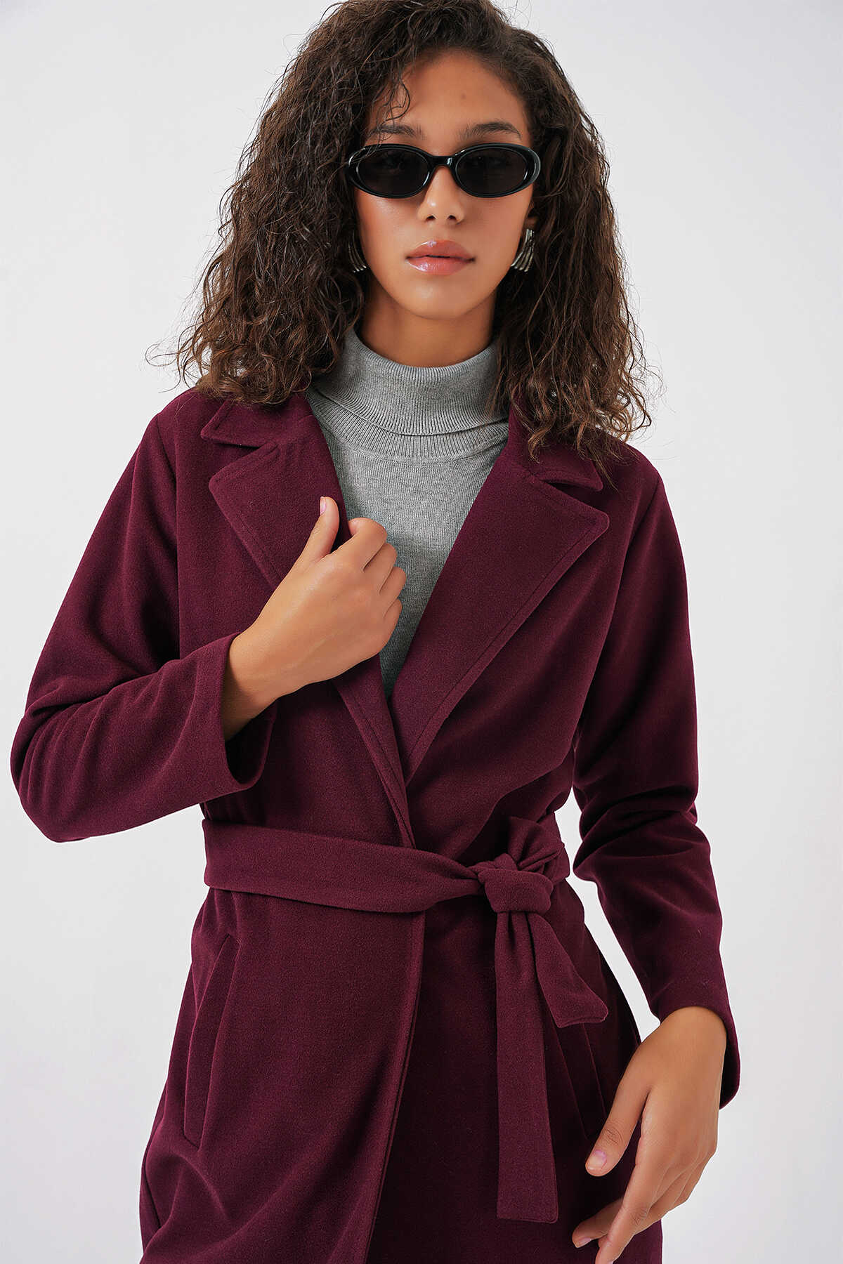 9118 Kruvaze Yaka Kaşe Kaban - Bordo - 4