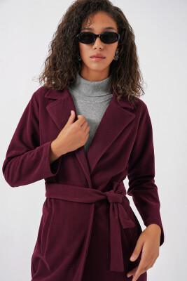 9118 Kruvaze Yaka Kaşe Kaban - Bordo - 4