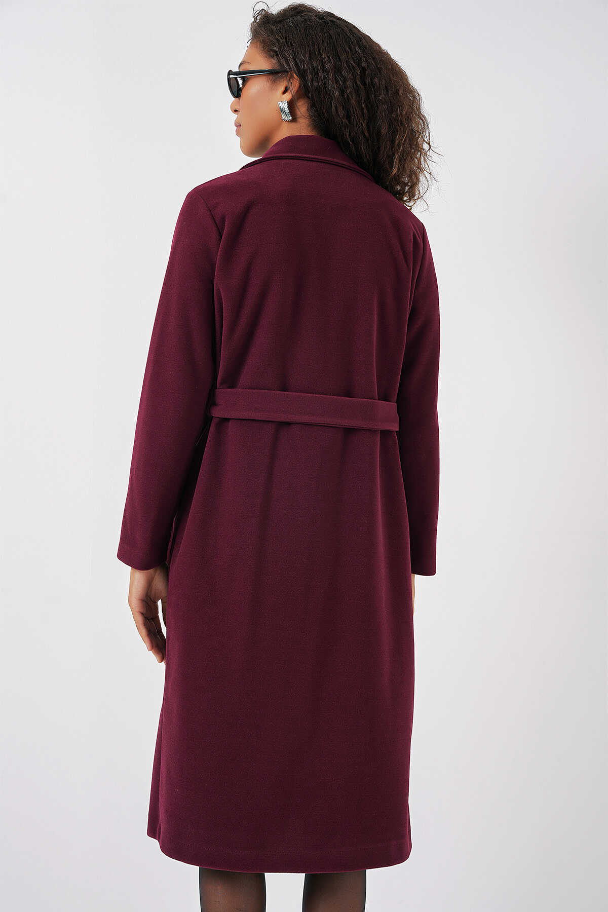 9118 Kruvaze Yaka Kaşe Kaban - Bordo - 7