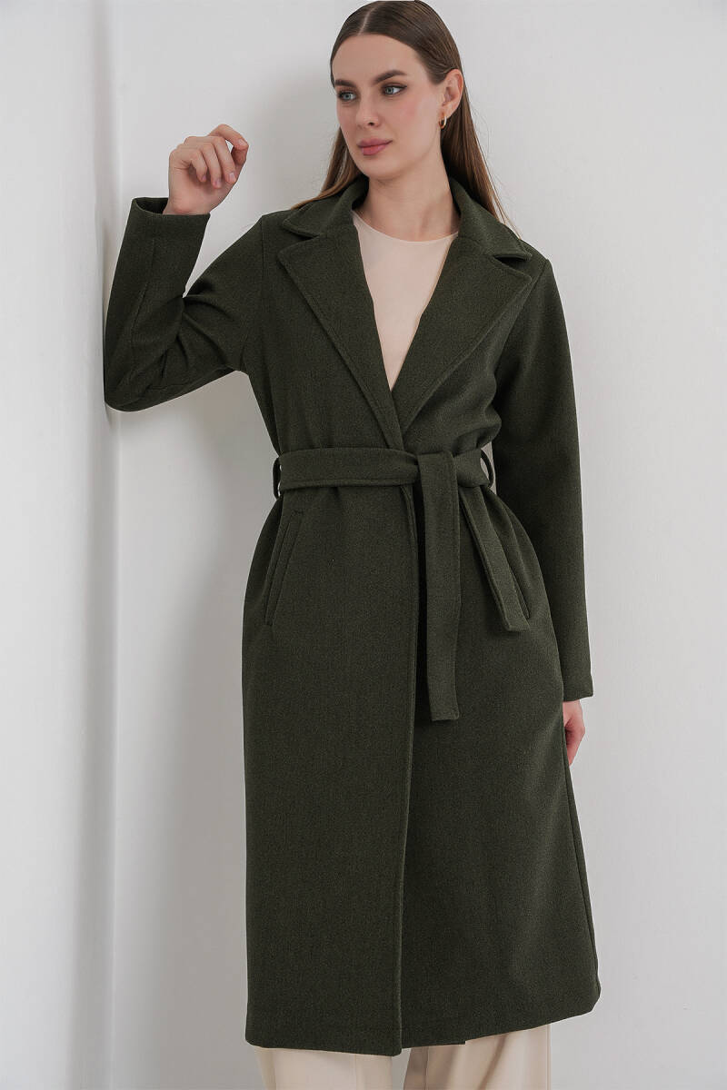 9118 Kruvaze Yaka Kaşe Kaban - Haki - BİGDART