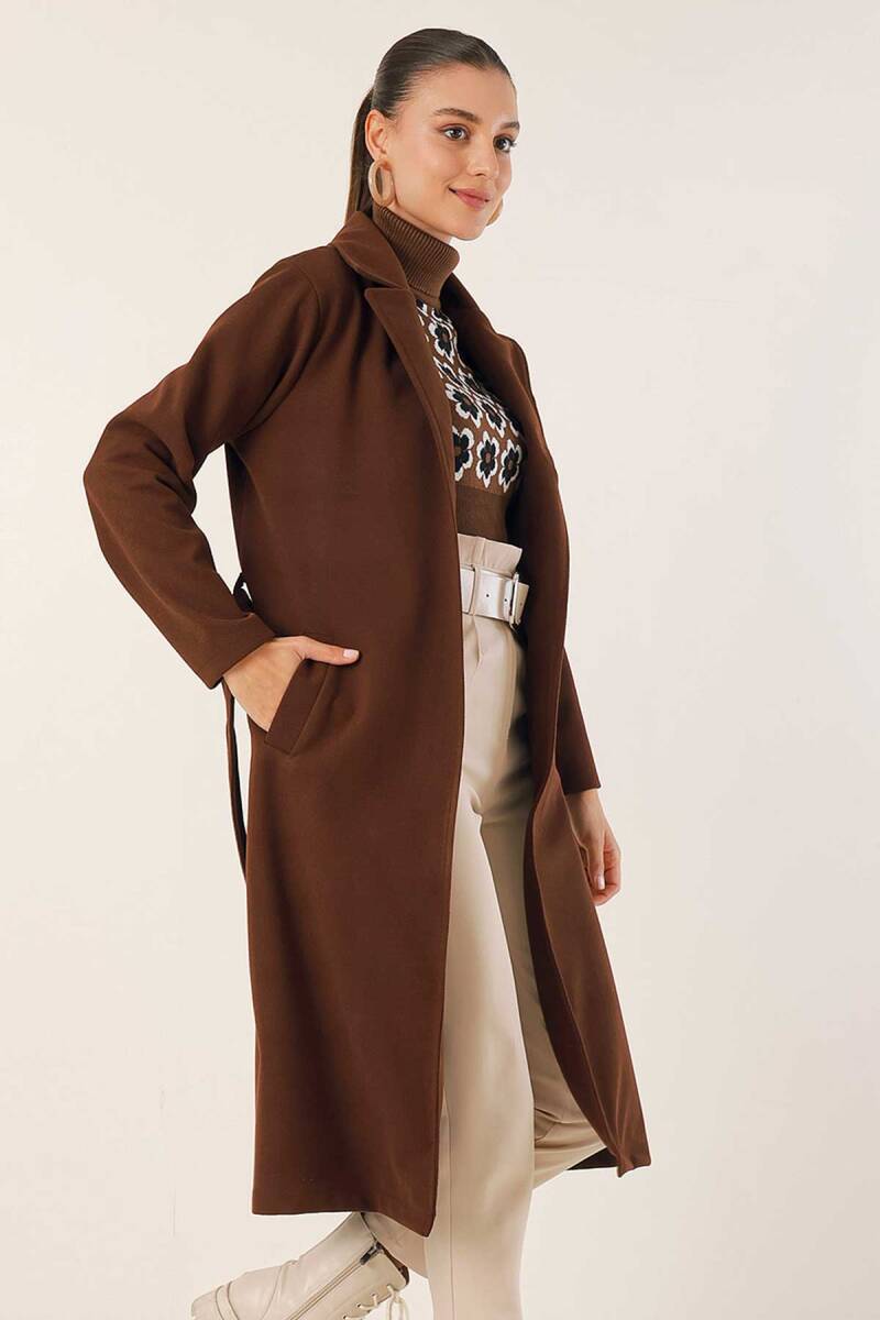 9118 Kruvaze Yaka Kaşe Kaban - Kahverengi - BİGDART