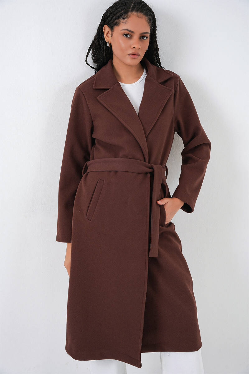 9118 Kruvaze Yaka Kaşe Kaban - Kahverengi - BİGDART