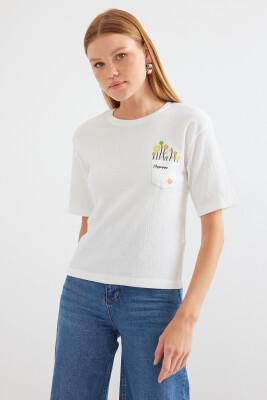 912 Baskılı Örme Basic Tişört - Beyaz - 2