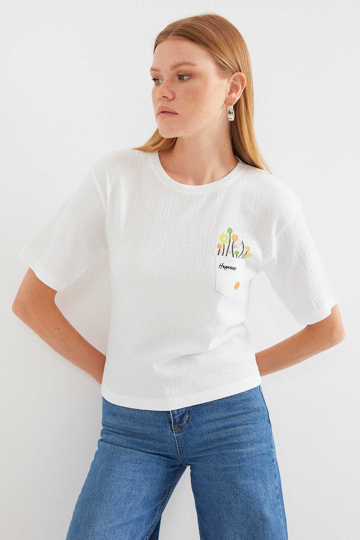 912 Baskılı Örme Basic Tişört - Beyaz - 3