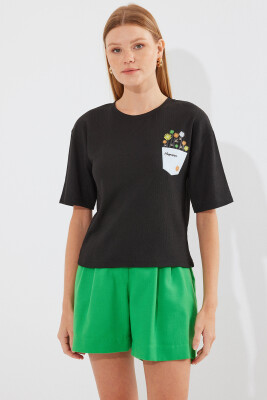 912 Baskılı Örme Basic Tişört - Siyah - BİGDART