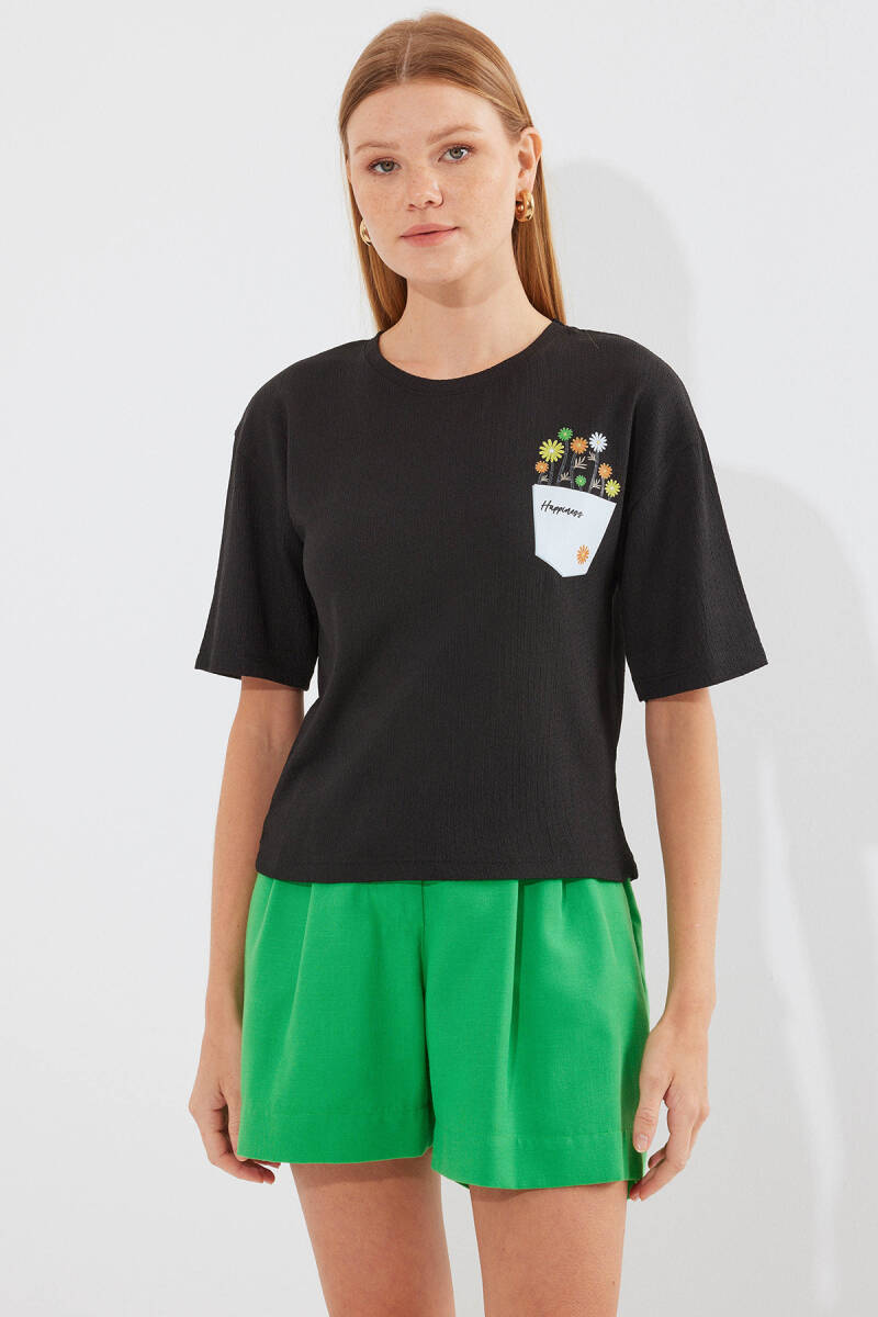 912 Baskılı Örme Basic Tişört - Siyah - BİGDART