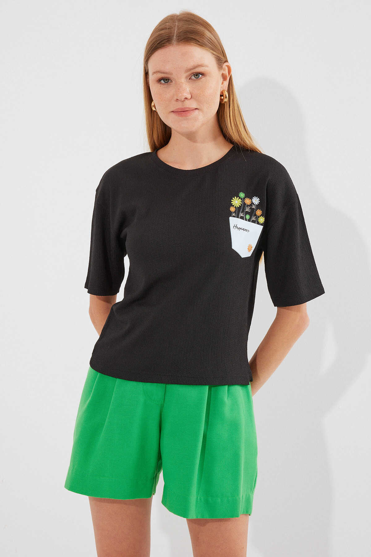 912 Baskılı Örme Basic Tişört - Siyah - 2