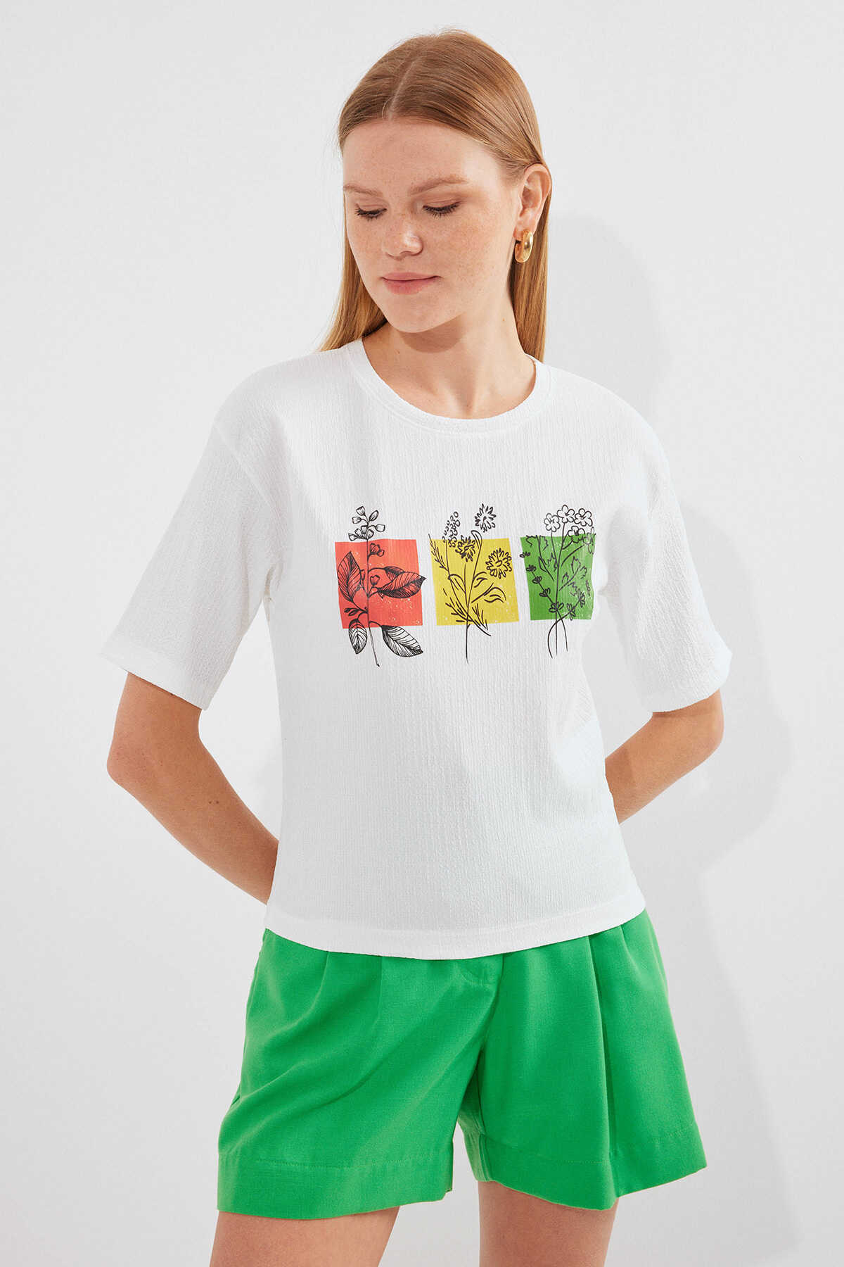 913 Baskılı Örme Basic Tişört - Beyaz - 2