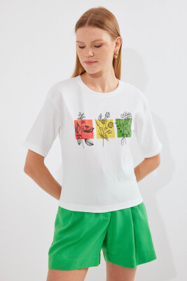 913 Baskılı Örme Basic Tişört - Beyaz - 2