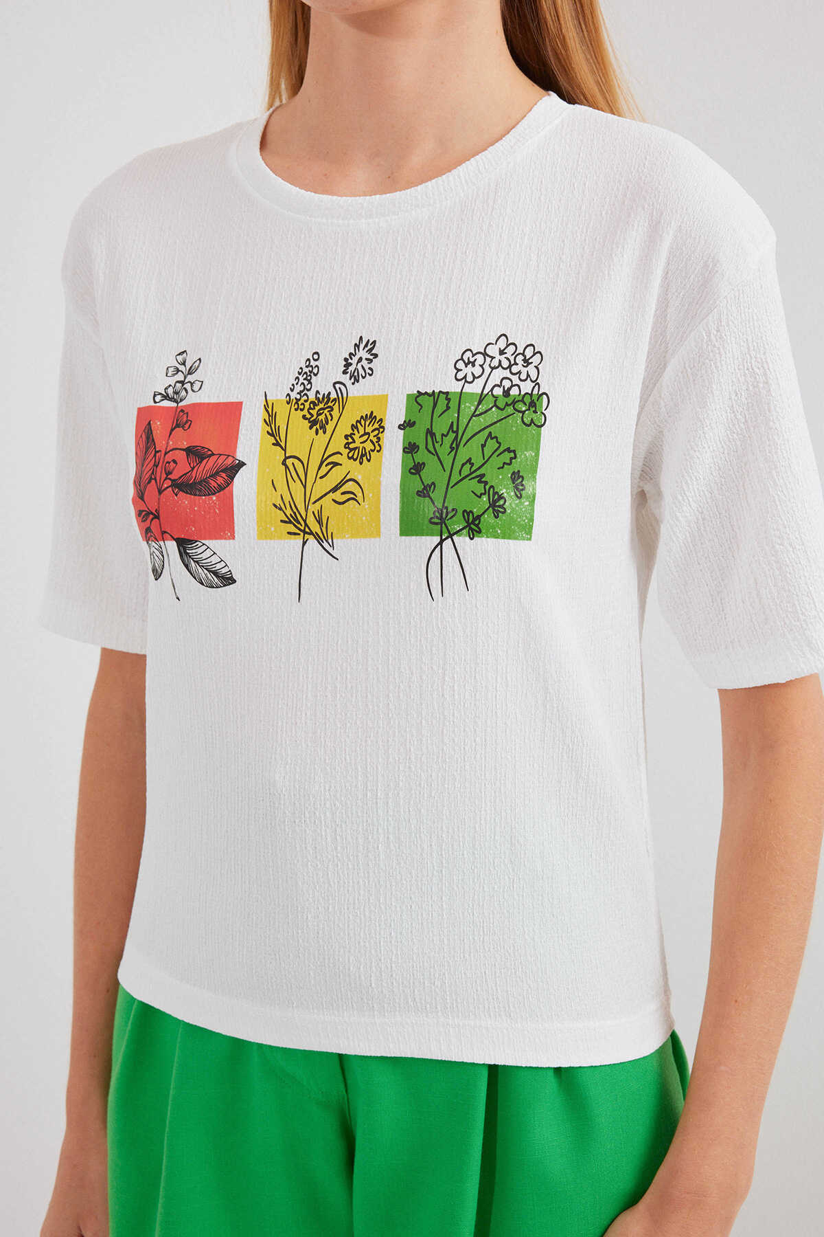 913 Baskılı Örme Basic Tişört - Beyaz - 4