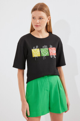 913 Baskılı Örme Basic Tişört - Siyah - 1