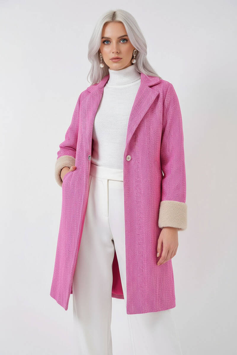 9145 Kadın Kolları Tüylü Balık Sırtı Kaşe Kaban - Fuşya - BİGDART