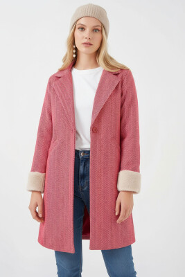 9145 Kadın Kolları Tüylü Balık Sırtı Kaşe Kaban - Kırmızı 